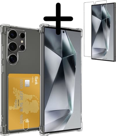 Hoesje Geschikt voor Samsung Galaxy S24 Ultra - Met Screenprotector - En Pashouder - En Kaarthouder - Telefoon Hoes Shockproof - Siliconen Case - Back Cover - Shock Proof - Pasjes Houder - Transparant