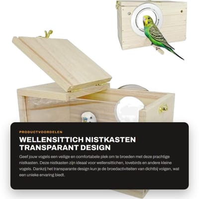 Dailygoods- Nistkasten transparant design - Vogelhuisje van natuurlijk hout - Klein vogelnest - Broedkast voor parkiet - Schuilplaats voor lovebirds - Geschikt voor papegaaien - Vogelhuis