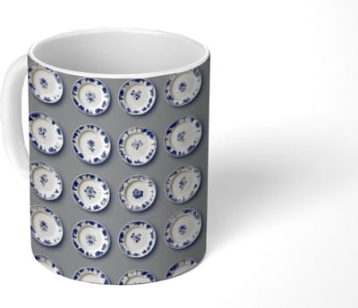 Mok - Koffiemok - Borden - Bloemen - Blauw - Wit - Mokken - 350 ML - Beker - Koffiemokken - Theemok