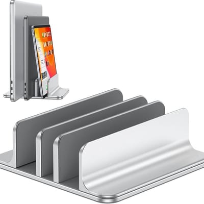 Famanu - Verticale Laptopstandaard met 3 Sleuven voor Computer, Tablet, Telefoon - Past Op Alle Laptopmodellen (Tot 17,3 Inch) - Heavy Duty Geëplooid Aluminium Bureauhouder - Anti-Slip Siliconen - Zwart