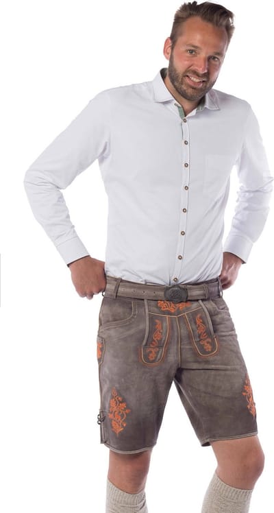 Tannhauser Lederhosen Gaudi Kort 100% Echt Leder Oktoberfest Heren Lederhosen Man Carnavalskleding Heren - Bruin/oranje- Leer- S
