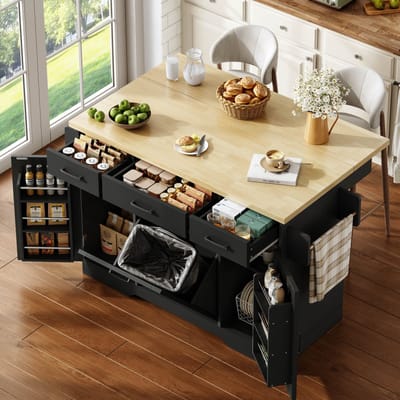 HAUSS SPOLE Keukenkast - Mobiel Keukeneiland Met Klapbaar Werkblad En Opbergruimte - Met Lade En Wielen - MDF - 120x45x87 Cm - Zwart
