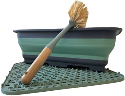 HEM Complete Afwas Set – Opvouwbare Afwasbak/ Dienblad 8L + Bamboe Afwasborstel + Groene Siliconen Afdruipmat – Keukenafwasset , afwassetCamping