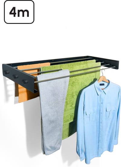 Bodo® In- en uitklapbaar droogrek met Ophanghaken - Zwart - 4m Drooglengte