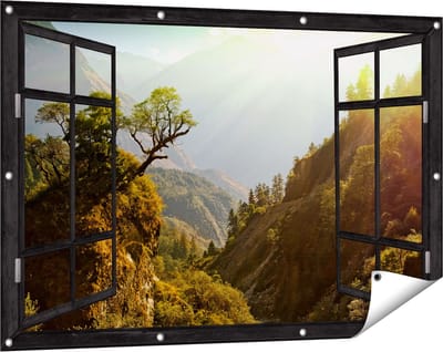 Gards Tuinposter Doorkijk Bos in de Bergen met Zonneschijn - Kleur - 120x80 cm - Tuindoek - Tuindecoratie - Wanddecoratie buiten - Tuinschilderij