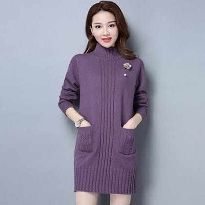 Dames Trui Herfst en Winter Mode Middellange Lengte Losse Koreaanse Gebreide Kleding Halve Coltrui Trui Jurk Top S