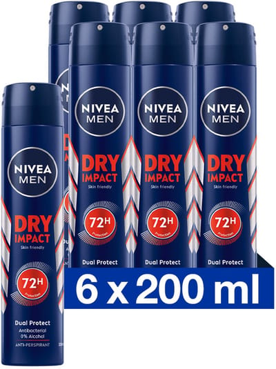 NIVEA Men Anti-Transpirant Spray Dry Impact - 6 x 200 ml - Voordeelverpakking