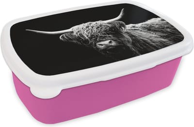 Broodtrommel Roze - Lunchbox - Brooddoos - Schotse Hooglander - Koe - Zwart - Wit - Dieren - 18x12x6 cm - Kinderen - Meisje