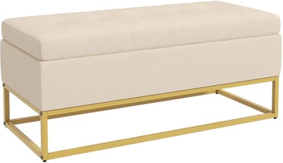 Gestoffeerde bank Opbergbank Bedbank 110x44x49cm Beige Zacht huidvriendelijk materiaal Dik en comfortabel gevuld Duurzame stalen poten Knopen-getufte design Verborgen grote opbergruimte Geschikt voor hal, woonkamer en slaapkamer