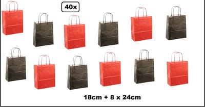40x Koordtas papier mix rood en zwart 18cmx8cmx24cm - goodiebag|papieren|draagtas|tas|koord|festival|kado|themafeest|party|geschenken