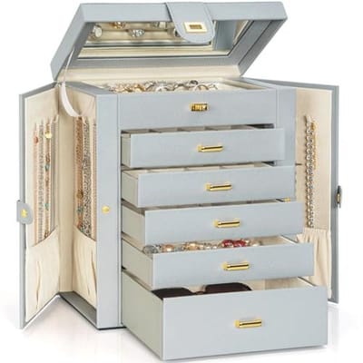 Grote Sieraden Doos Organizer - Functionele Slotbare Opbergdoos met Grote Spiegel, Leren Sieraden Opbergzak voor Vrouwen en Meisjes - Houders voor Ringen, Kettingen, Oorbellen en Armbanden - Grijs