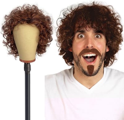 Bruine Krullende Peruk voor Mannen met Snor - Retro Haaraccessoire voor Carnaval, Kostuumfeesten en Hippie Look uit de Jaren 60, 70 en 80