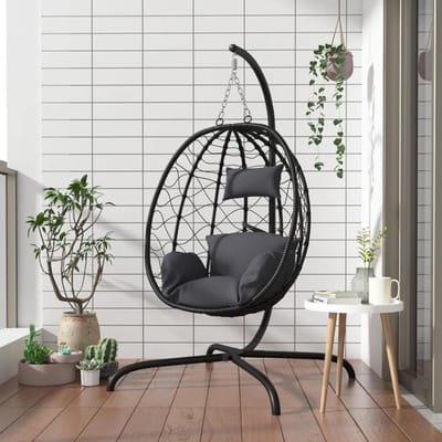 Hangstoel met kussen - Schommelstoel Ei stoel - Ontspannen in de tuin - Weerbestendig polyrotan - 195 cm hoog - Antraciet