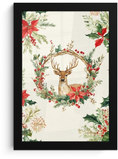 Poster in lijst - Fotolijst 20x30 cm - Posters - Kerstkrans - Hert - Hulst - Rood - Posterlijst zwart - Decoratie - Wanddecoratie woonkamer - Muurdecoratie slaapkamer - Kerstversiering - Kerstdecoratie voor binnen - Kerstmis