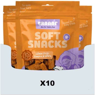 Braaaf Hondensnack Sticks Zalm - Pompoen - Selderij - 10 x 85 gr - Voordeelverpakking