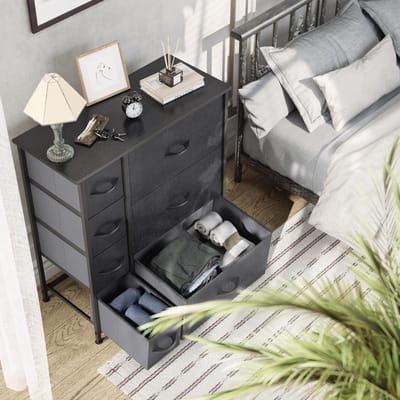Ladekast, kationische stof 7-lades opbergunit voor slaapkamer, woonkamer, kast, stevig stalen frame, gemakkelijk te trekken stoffen bakken en houten top, stoffen dressoir