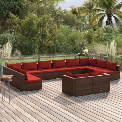 vidaXL - 12-delige - Loungeset - met - kussens - poly - rattan - bruin
