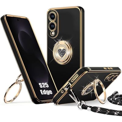 Hoesje voor Samsung Galaxy S25 Edge, Zachte Siliconen met Koord en Glanzende Roterende Ring Hartpatroon - Zwart zwart