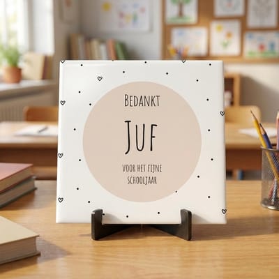 Tegeltje met tekst | Bedankt Juf | Bedankt cadeautje | Glans afwerking | Inclusief gratis standaard | 15 x 15 cm | Fotofabriek