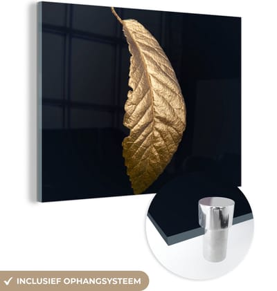 MuchoWow® Glasschilderij 160x120 cm - Schilderij acrylglas - Bladeren - Luxe - Goud - Zwart - Natuur - Foto op glas - Schilderijen