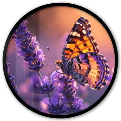 Poster in lijst Rond - Fotolijst 40x40 cm - Posters - Bloemen - Vlinder - Lavendel - Bloem - Natuur - Ronde posterlijst zwart - Decoratie - Wanddecoratie woonkamer - Muurdecoratie slaapkamer