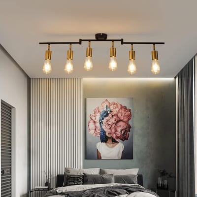 Glitzerlife - Vintage plafondlamp Retro plafondlamp - 6xE27 fitting - Draaibaar 360° - Industriële opbouwspots metaal Zwart metallic goud - Voor slaapkamer keuken woonkamer - Zonder lichtbron
