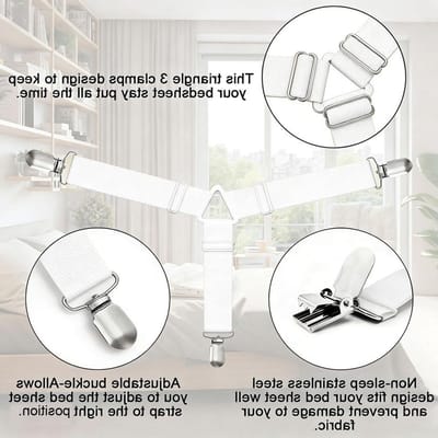 Set van 4 bedlakenclips voor hoeslakens, elastische steunriemen en matrasvergrendeling, ideaal voor tafelkleden en plaids