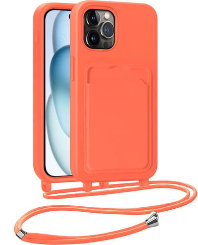 Hoesje Geschikt voor iPhone 14 Pro Max Hoesje Met Telefoonkoord en Pasjeshouder Siliconen - Hoes Geschikt voor iPhone 14 Pro Max Hoesje Met Kaarthouder Case - Papaya
