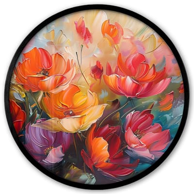Poster in lijst Rond - Fotolijst 40x40 cm - Posters - Bloemen - Kleurrijk - Verf - Abstract - Kunst - Ronde posterlijst zwart - Decoratie - Wanddecoratie woonkamer - Muurdecoratie slaapkamer