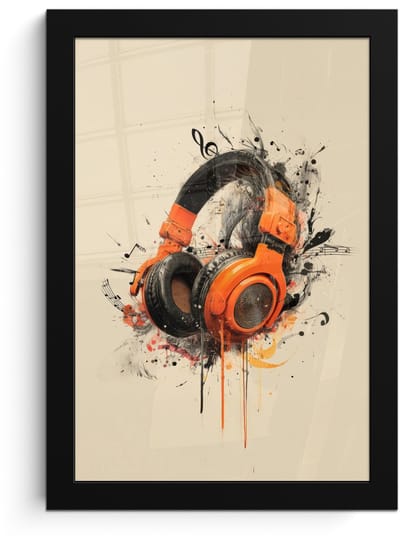 Poster in lijst - Fotolijst 20x30 cm - Posters - Koptelefoon - Oranje - Explosief - Posterlijst zwart - Decoratie - Wanddecoratie woonkamer - Muurdecoratie slaapkamer