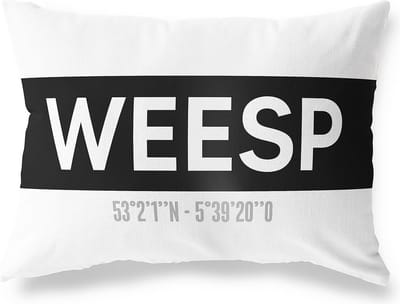 Tuinkussen WEESP - NOORD-HOLLAND met coördinaten - Buitenkussen - Bootkussen - Weerbestendig - Jouw Plaats - Studio216 - Modern - Zwart-Wit - 50x30cm