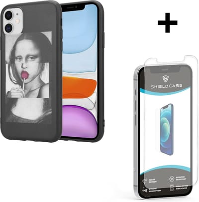 ShieldCase telefoonhoesje geschikt voor Apple iPhone 12 / 12 Pro - 6.1 inch hoesje met Mona Lisa print - zwart / wit + glazen Screen Protector