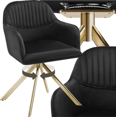 tectake® Fluwelen draaistoel - Bureaustoel - Eetkamerstoel met armleuningen - Fluwelen bureaustoel, keukenstoel, woonkamerstoel - 56 x 59 x 81 cm - Zwart/goud