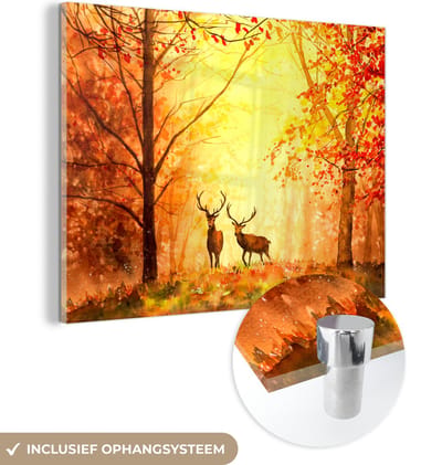 MuchoWow® Glasschilderij 160x120 cm - Schilderij acrylglas - Natuur - Olieverf - Hert - Dieren - Herfst - Oranje - Foto op glas - Schilderijen