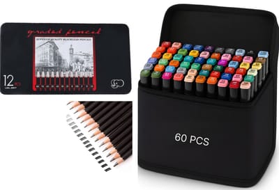 Goodz4All Tekenset voor Volwassenen, 60 Twinmarkers , Dubbelzijdige Alcohol Stiften & 12 Professionele Schetspotloden 8B, 7B, 6B, 5B, 4B, 3B, 2B, B, HB, F, H, 2H