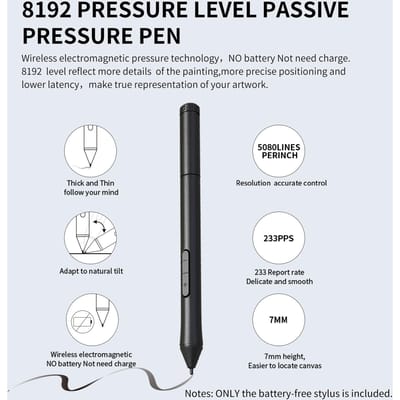 10moons Batterijvrije Stylus Pen 8192 Drukniveaus met 2 Aanpasbare Knoppen Draadloos voor T503 G10 Grafisch Tablet zwart