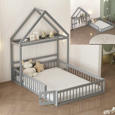 Kinderbed 140x200 cm met opbergruimte, volledige beveiliging, deuren en lattenbodem, massief hout, grijs(Matras niet inbegrepen)