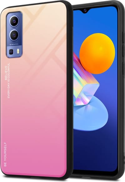 Cadorabo Hoesje geschikt voor Vivo Y52 5G / Y72 5G in GEEL - ROZE - Tweekleurige beschermhoes van TPU-silicone Case Cover en achterzijde van gehard glas
