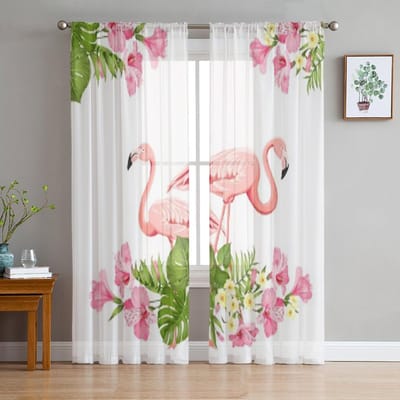 Tropische Vogels Bloemen Flamingo Transparante Gordijnen voor Woonkamer Transparant Tule Raamgordijn Slaapkamer Keuken Sluier Drapes 135W x 114H(cm) white