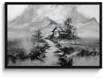 Poster in lijst - Fotolijst 90x60 cm - Posters - Hut - Grijs - Bergen - Mistig - Posterlijst zwart - Decoratie - Wanddecoratie woonkamer - Muurdecoratie slaapkamer