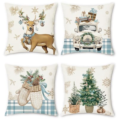 Winter Kerst Kussenslopen 45 x 45 cm rendier handschoenen kerstbomen vrachtwagen blauwe plaids polyester linnen decoratieve kussenslopen voor slaapbank thuis patio decoratie set van 4