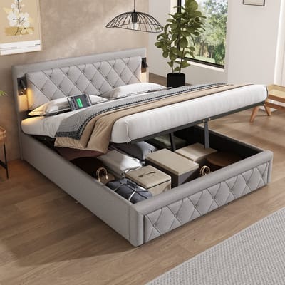 SINGULARITY-Gestoffeerd bed 160 x 200- met lattenbodem en hoofdbord met ruitmotief- opbergbed- tweepersoonsbed- houten lattenbodem- linnen- grijs- zonder matras