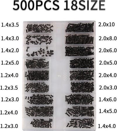 DW4Trading Assortimentsdoos Hele Kleine Zwarte Schroefjes M1,2 t/m M2 - Metrisch - 500 Delig