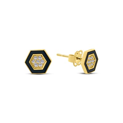 New Bling 9NBSAM-G230259 Gouden Oorknopjes met Zirkonia - Zeskant - 6,6x7,3mm - Hexagon - Emaille - Zwart - 14 Karaat - Goud