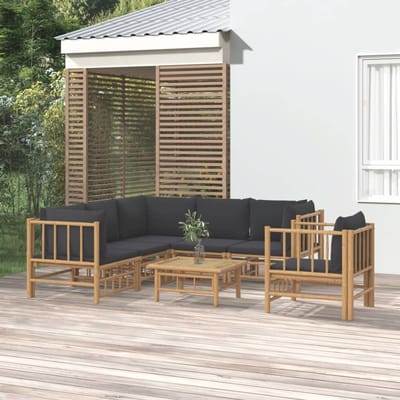 vidaXL - 7-delige - Loungeset - met - kussens - bamboe - donkergrijs
