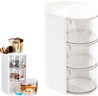 1 artikel - Haaraccessoiresorganizer - Draaibare make-upborstelhouder - Draaibare sieradenorganizer - Bureau-organizer - Stofdicht - Voor het opbergen van oorbellen, ringen, make-upborstels en haaraccessoires - Wit - Plaats op de make up tafel