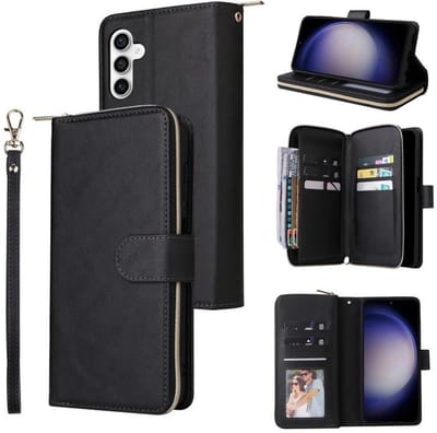 Telestore - Telefoonhoesje geschikt voor Samsung Galaxy S25 FE - Portemonnee met rits - book-case hoesje - ruimte voor 9 pasjes - zwart