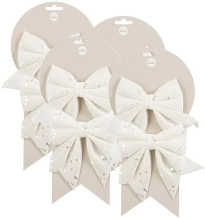 Mica Decorations Kerst ornamenten strikken - 8x st - wit met glitter - 12 x 13 cm - kerstboomstrikjes