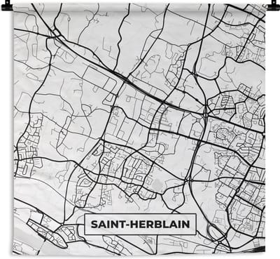 Wandkleed - Wanddoek - Stadskaart - Frankrijk - Kaart - Saint-Herblain - Plattegrond - Zwart wit - 180x180 cm - Wandtapijt