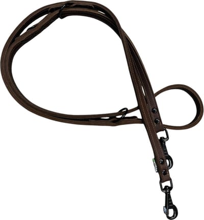 K9World by van der Veeke, Verstelbare Leren Hondenriem Heavy Duty – Dubbel Donker Bruin Leer – 18 mm – Dubbele Zwarte Musketon –3-Punts Verstelbaar – Politielijn